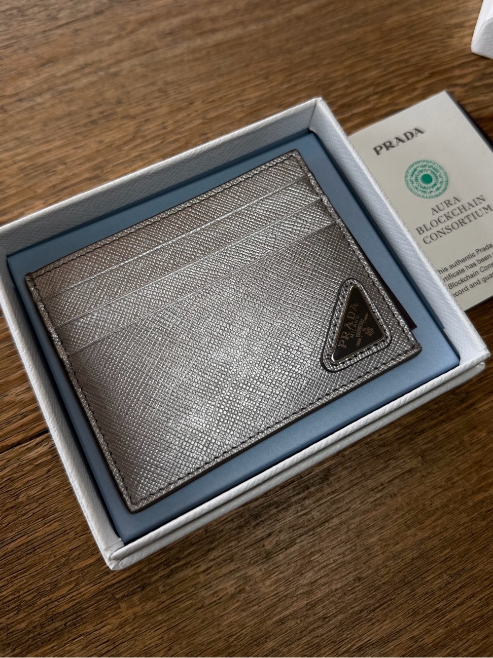 Prada Metallic Silver Saffiano Leather Card Case - Picture 3 of 7